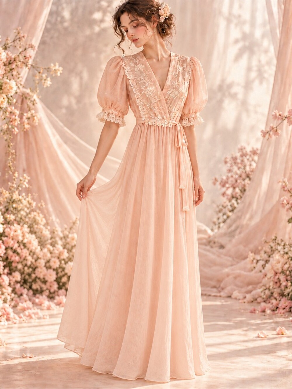 Dior Peach Nightgown with Cream Lace Trim